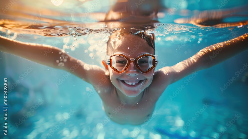 Naklejka premium Cute smiling child having fun swimming and diving in the pool at the resort on summer vacation. Sun shines under water and sparkling water reflection. Activities and sports to happy kid