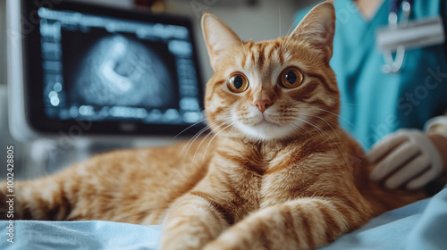 Cat lying on examination table as a veterinarian prepares for an ultrasound scan, clinic setting photo