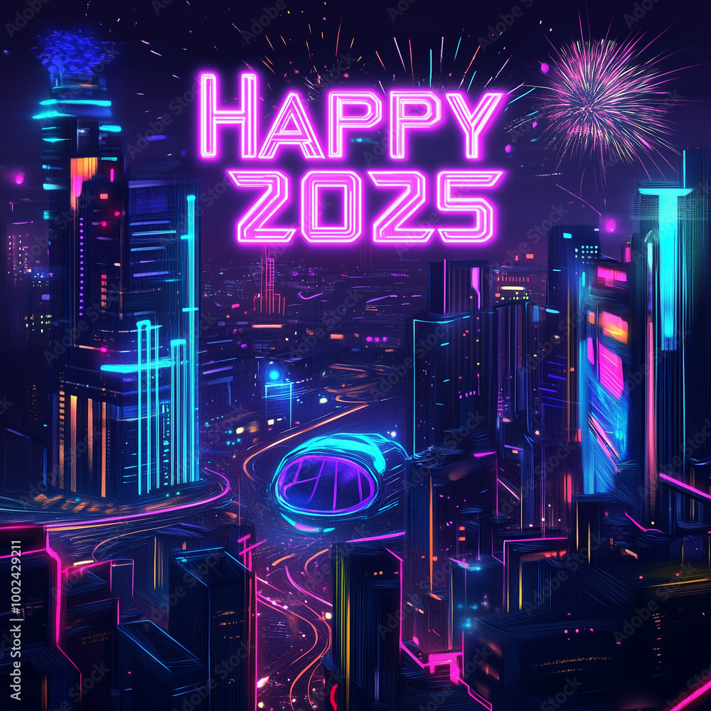 Futuristic New Year 2025 celebration in a neon-lit cityscape with fireworks. Perfect for holiday designs, blending modern tech vibes with festive cheer. Futuristic New Year 2025 celebration in a neon-lit cityscape with fireworks. Perfect for holiday designs, blending modern tech vibes with festive cheer.