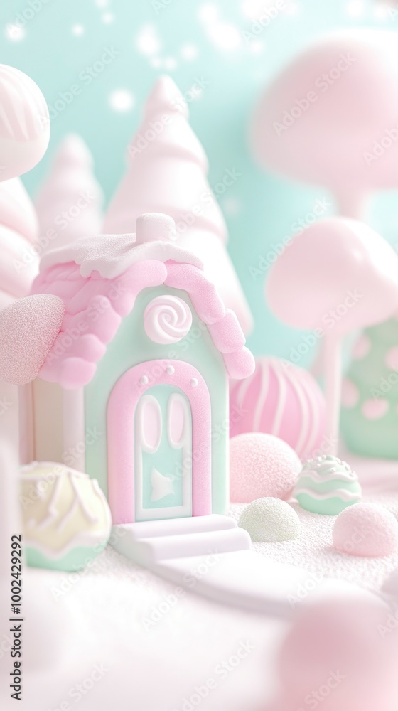 A candy house with ice cream trees, in pink and mint green colors, in a cute style, with a candy world background, a winter wonderland, a fantasy fairy tale, candy houses in the snow A candy house with ice cream trees, in pink and mint green colors, in a cute style, with a candy world background, a winter wonderland, a fantasy fairy tale, candy houses in the snow