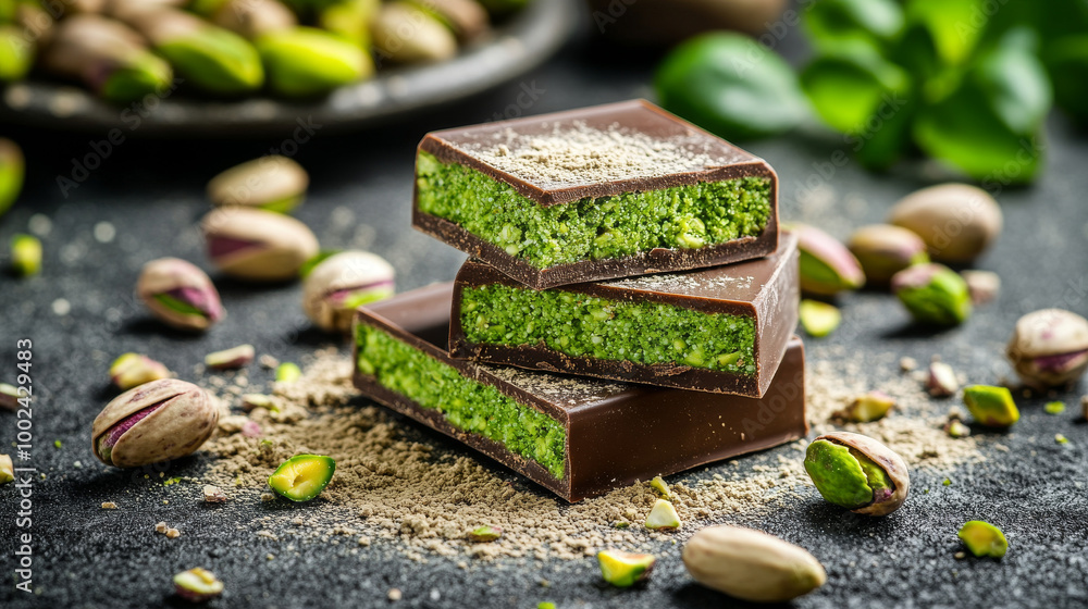 Poster, Print Close-up of rich Dubai chocolate bars filled with vibrant  green pistachio paste, surrounded by fresh pistachios, offering a gourmet  and ...
