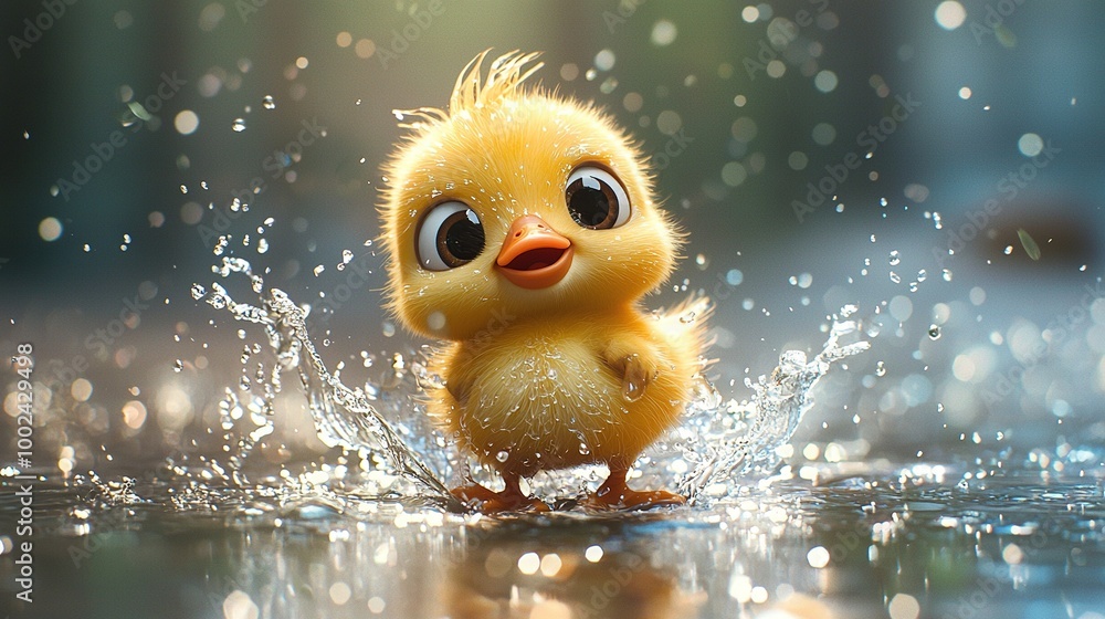 Close-up of small yellow duckling in water with water droplets on ground Close-up of small yellow duckling in water with water droplets on ground