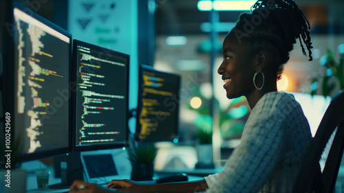 Young Female Programmer Smiling During Coding, Attractive Side View in Office Environment
