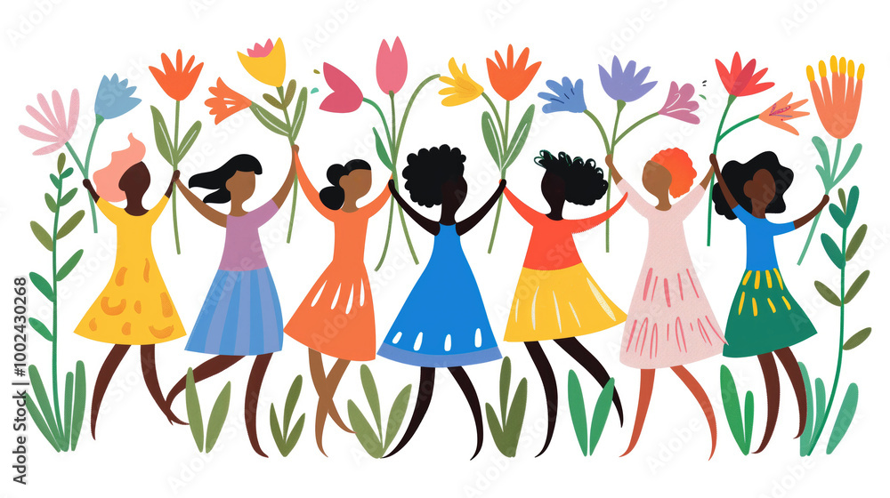 Fototapeta premium Diverse women celebrating the arrival of spring with colorful flowers.