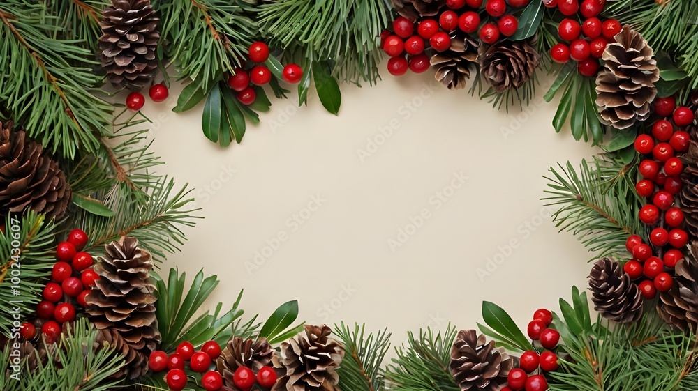 Christmas Border frame of tree branches red berries and pine cones. Christmas Border frame of tree branches red berries and pine cones.