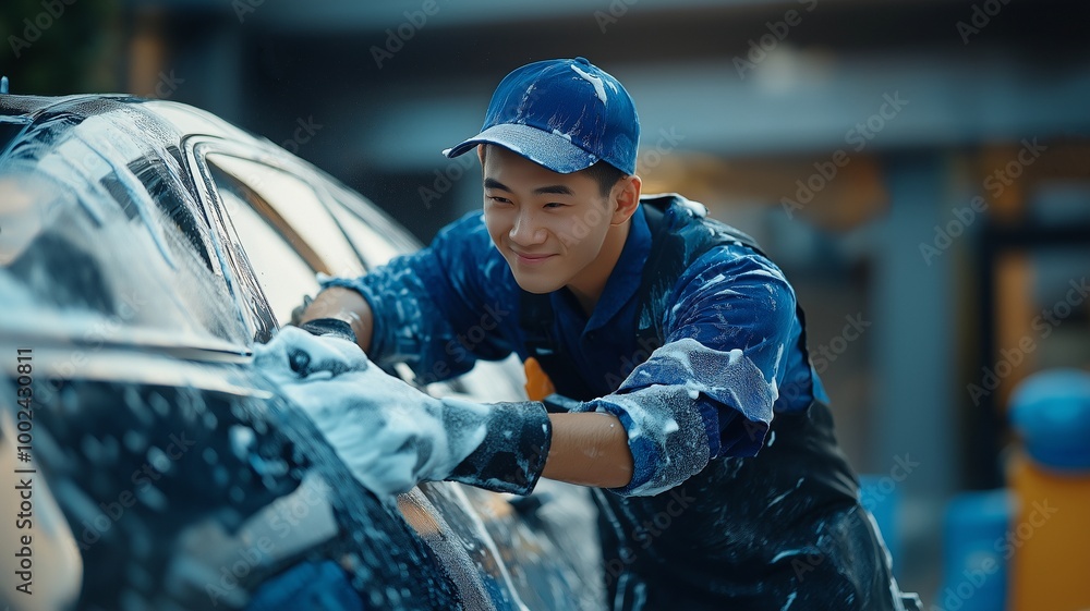 Male car wash attendant, dressed in blue, cleaning a car. Male car wash attendant, dressed in blue, cleaning a car.