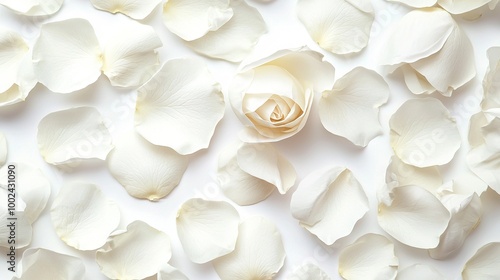  Close-up shot of a lone white rose set against a stark white backdrop, surrounded by an abundance of similar flowers