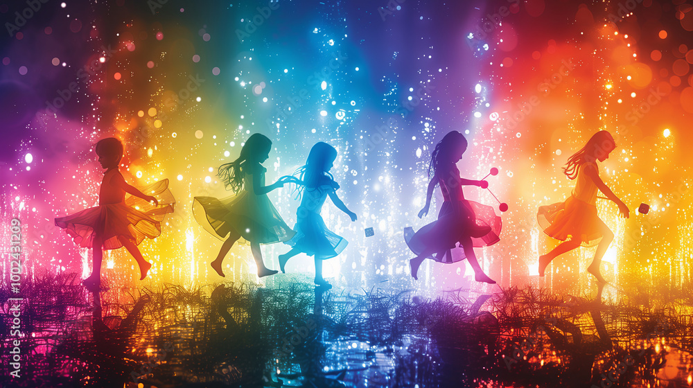 Children Dancing Joyfully in Colorful Light With Sparkling Effects at Sunset in a Vibrant Landscape Children Dancing Joyfully in Colorful Light With Sparkling Effects at Sunset in a Vibrant Landscape