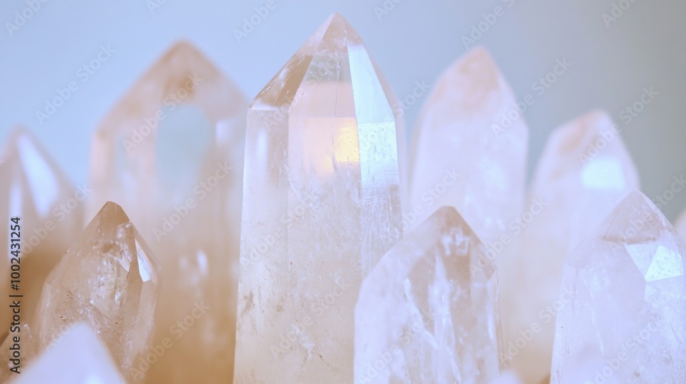 Dazzling clear quartz crystals sparkle under soft light, revealing their unique shapes and transparent brilliance, creating an enchanting effect Dazzling clear quartz crystals sparkle under soft light, revealing their unique shapes and transparent brilliance, creating an enchanting effect