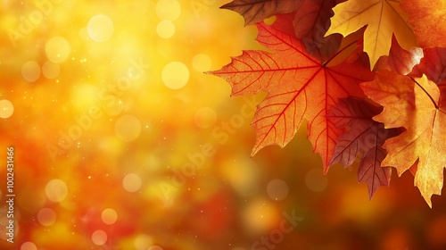 Close up of orange and red leaves with a blurred background of bokeh.