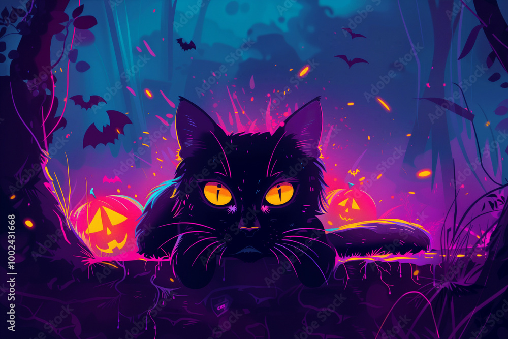 A glowing neon black cat sits amidst vibrant jack-o'-lanterns and haunted houses, creating a spooky and colorful Halloween night scene.
A glowing neon black cat sits amidst vibrant jack-o'-lanterns and haunted houses, creating a spooky and colorful Halloween night scene.