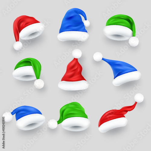 Christmas realistic colorful Santa hat collection. Red, blue and green New Year cap with fur icon set.