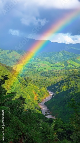 A rainbow arching over a raging river in a lush setting.