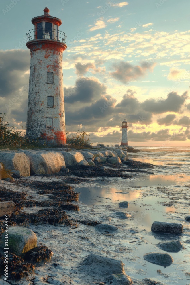 Obraz premium Tranquil Lighthouse at Sunset: Captivating Coastal View with Rustic Charm