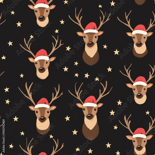 A pattern of reindeer with Santa hats and stars