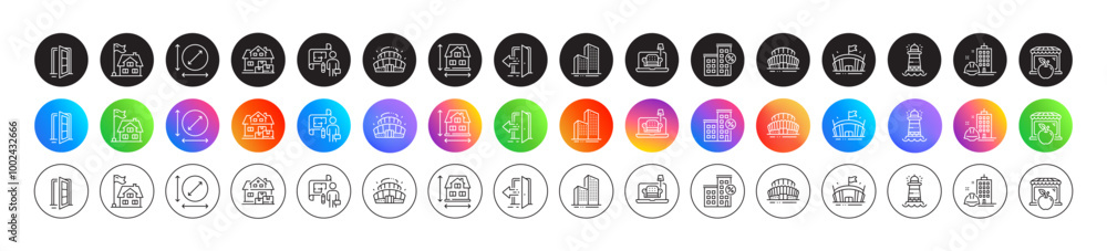 Lighthouse, Building and Furniture line icons. Round icon gradient buttons. Pack of Plan, Home moving, Open door icon. Loan house, House dimension, Skyscraper buildings pictogram. Vector Lighthouse, Building and Furniture line icons. Round icon gradient buttons. Pack of Plan, Home moving, Open door icon. Loan house, House dimension, Skyscraper buildings pictogram. Vector