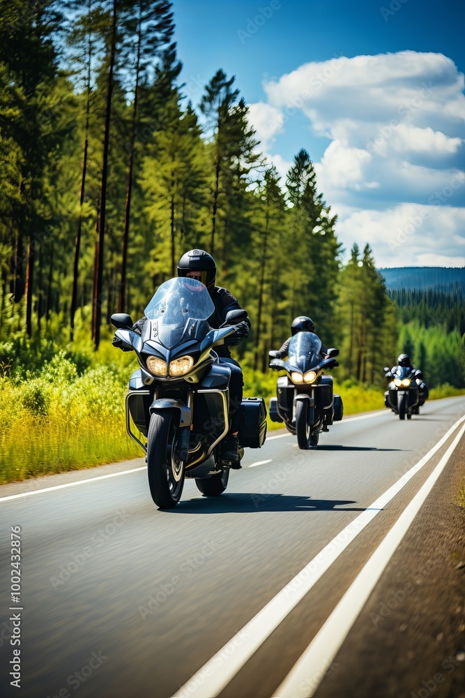 Motorcyclists cruising through a scenic pine forest on a clear day in summer Motorcyclists cruising through a scenic pine forest on a clear day in summer