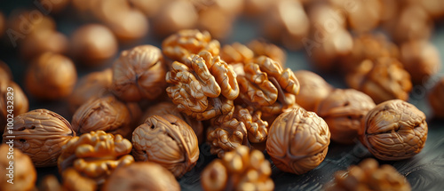 Walnut lying on dark background.