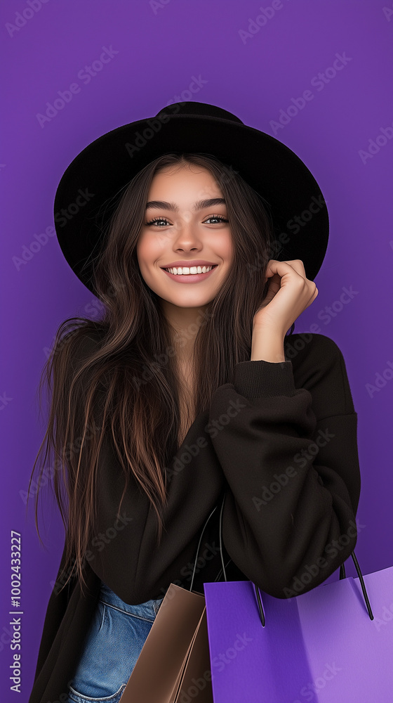 A happy woman with long dark hair smiles while holding colorful shopping bags, wearing a black hat, against a vibrant purple background.
A happy woman with long dark hair smiles while holding colorful shopping bags, wearing a black hat, against a vibrant purple background.