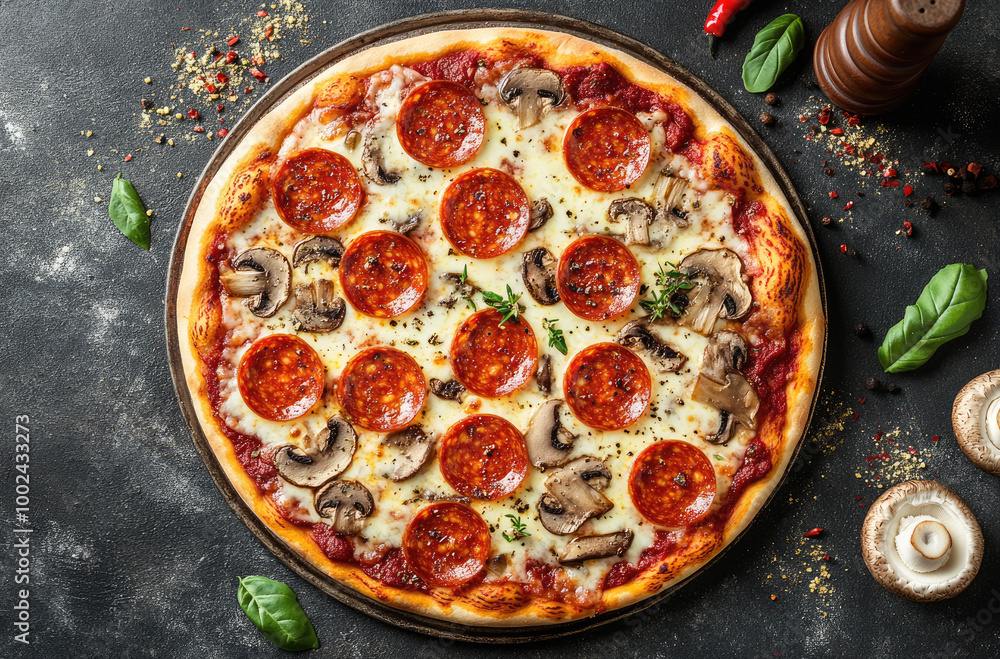 Pepperoni and Mushroom Pizza with Mozzarella Cheese for a Classic Favorite Pepperoni and Mushroom Pizza with Mozzarella Cheese for a Classic Favorite
