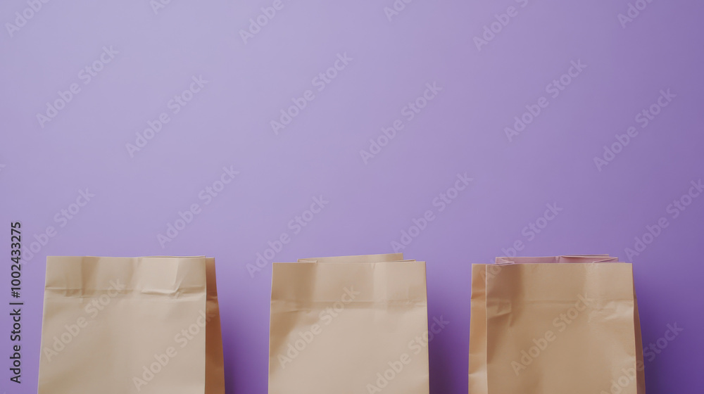 Three brown paper bags neatly arranged on a vibrant purple background, offering a minimalist and eco-friendly shopping theme.
Three brown paper bags neatly arranged on a vibrant purple background, offering a minimalist and eco-friendly shopping theme.