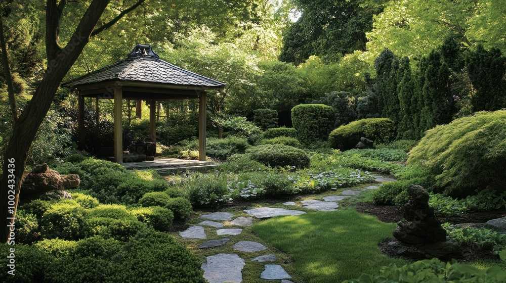 A Japanese-style garden with a gazebo, stone pathway, and lush greenery A Japanese-style garden with a gazebo, stone pathway, and lush greenery