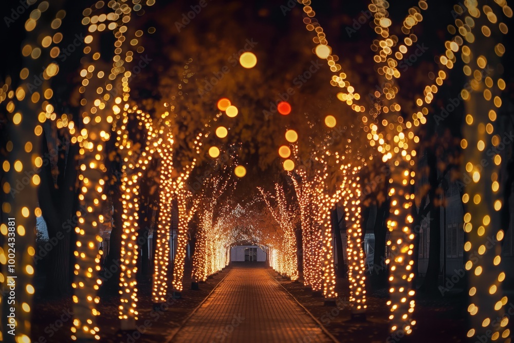 Serene night scene with long path illuminated by white lights. Flanked ...