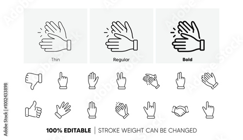 Handshake, Clapping hands, Victory. Hand gestures line icons. Horns, Thumb up finger, drag and drop icons. Donation hand gestures, click, helping hand. Linear set. Line icons set. Vector