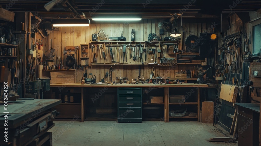 Well-Equipped Workshop with Tools and Workbench Well-Equipped Workshop with Tools and Workbench