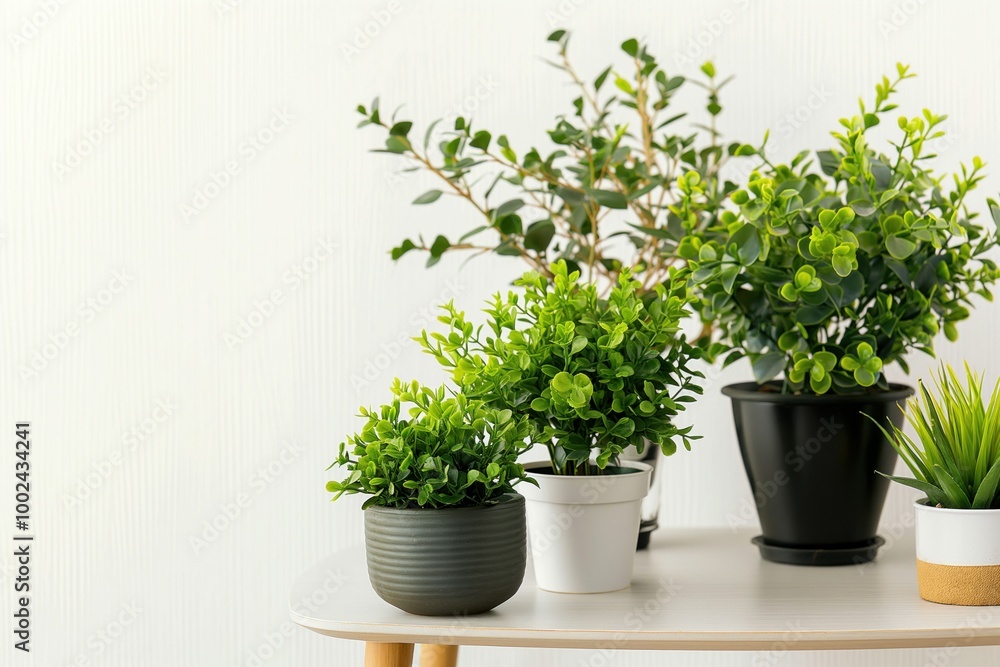 Green houseplants on table with background. Ficus, succulent plants arranged on flat table with grey, white elements. Beautiful interior decor with different plants, pots. Fresh foliage, flora in Green houseplants on table with background. Ficus, succulent plants arranged on flat table with grey, white elements. Beautiful interior decor with different plants, pots. Fresh foliage, flora in