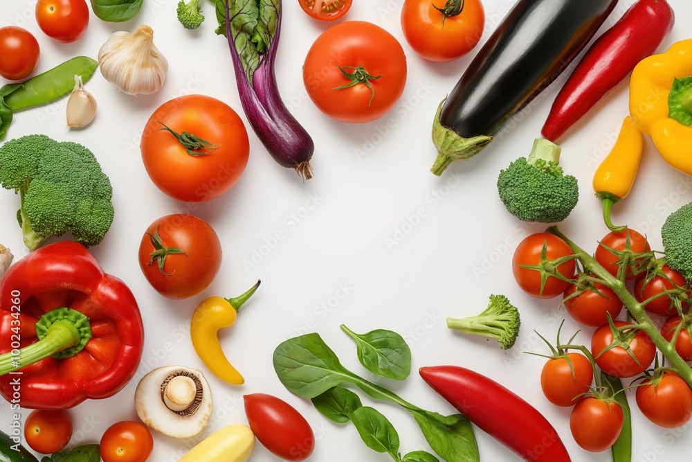 Fresh vegetables on white background, flat lay. Assortment of bell peppers, cucumbers, garlic, tomatoes. Healthy ingredients for salad, dinner, meal prep. Space for text, perfect for grocery list Fresh vegetables on white background, flat lay. Assortment of bell peppers, cucumbers, garlic, tomatoes. Healthy ingredients for salad, dinner, meal prep. Space for text, perfect for grocery list