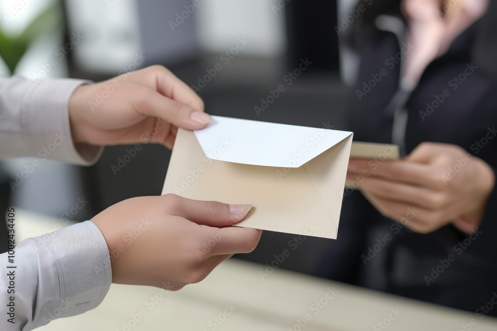 Close-up of employee receiving envelope with salary from boss in office. Woman takes paycheck from male manager at work. Employee accepts payment from employer. Close-up of employee receiving envelope with salary from boss in office. Woman takes paycheck from male manager at work. Employee accepts payment from employer.