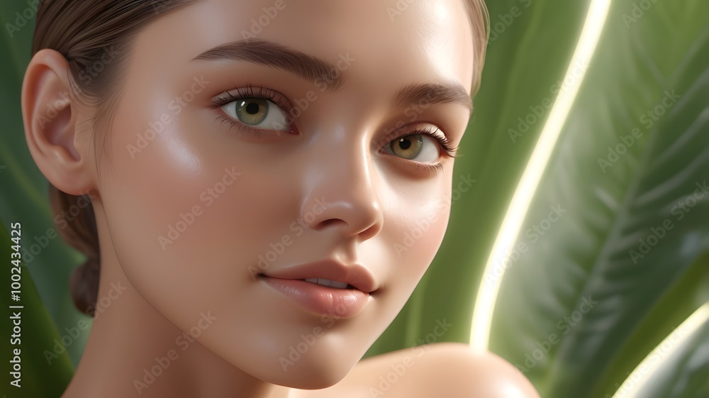 close up portrait of a beautiful woman with leaf background
