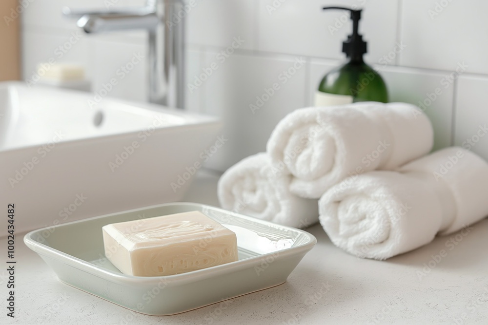 Bathroom toiletry dish holds soap bottle and rolled towels on a light table. Hygienic bathroom essentials for healthy skin and body care. Clean and organized bathroom setup with soap and towels. Bathroom toiletry dish holds soap bottle and rolled towels on a light table. Hygienic bathroom essentials for healthy skin and body care. Clean and organized bathroom setup with soap and towels.