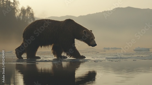   Brown bear traversing icy water with icebergs in the distance during fog
