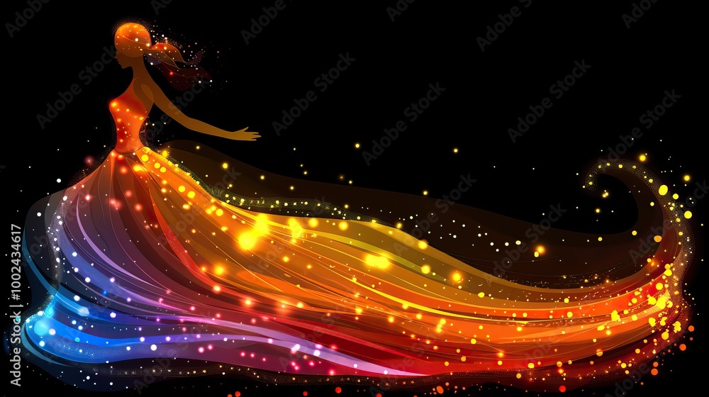 Obraz premium A silhouette of a woman in a flowing dress made of colorful, swirling lights and sparkles. The dress transitions from orange to blue, creating a vibrant and magical effect against a black background.