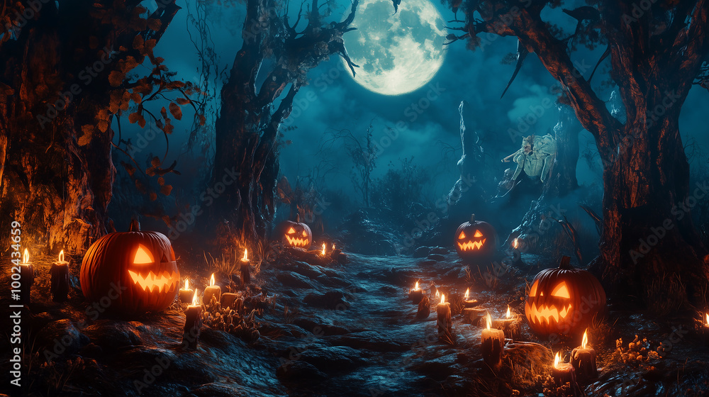 Halloween backdrop with burning candles around carved pumpkins, a spooky forest with towering trees under the full moon Halloween backdrop with burning candles around carved pumpkins, a spooky forest with towering trees under the full moon