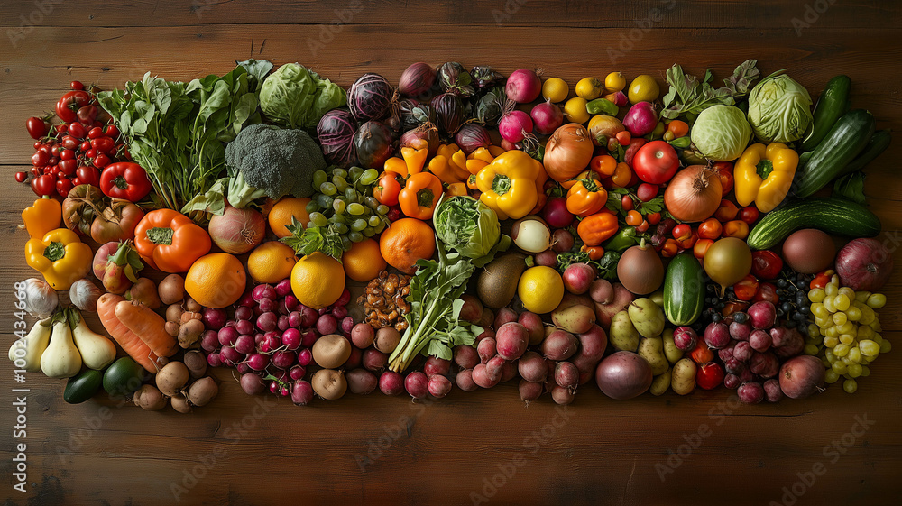 vibrant assortment of fresh vegetables and fruits arranged artfully on a wooden table vibrant assortment of fresh vegetables and fruits arranged artfully on a wooden table