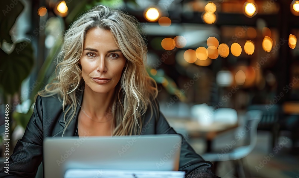 Fototapeta premium A confident woman with long, wavy blonde hair sits at a table in a cozy café, looking directly at the camera.