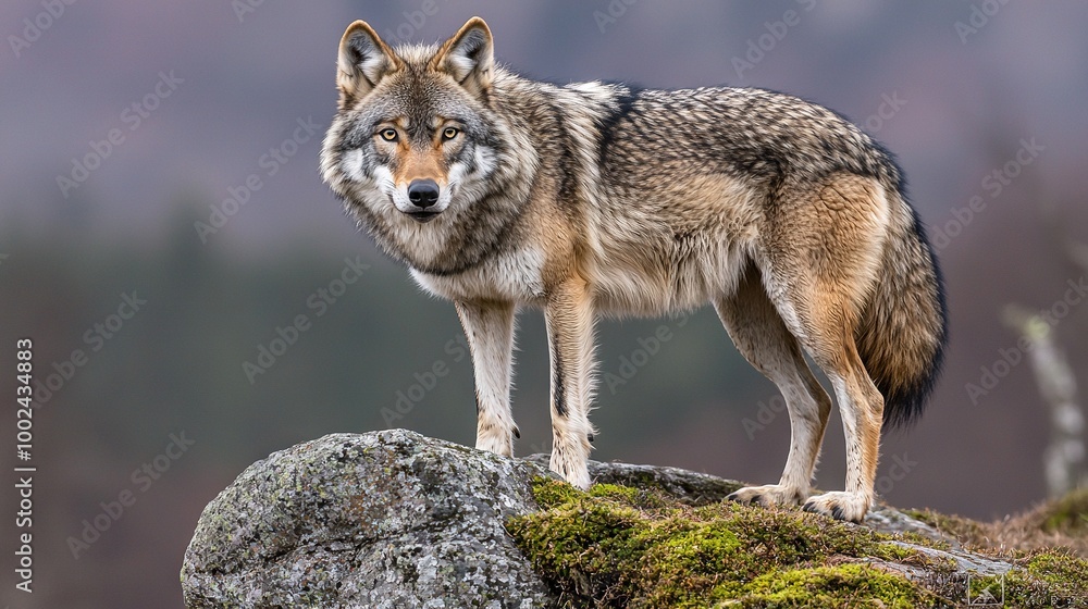 Wolf perched atop moss-covered rock, surrounded by trees Wolf perched atop moss-covered rock, surrounded by trees
