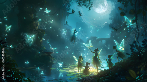 Beautiful garden filled with fairies and fireflies.