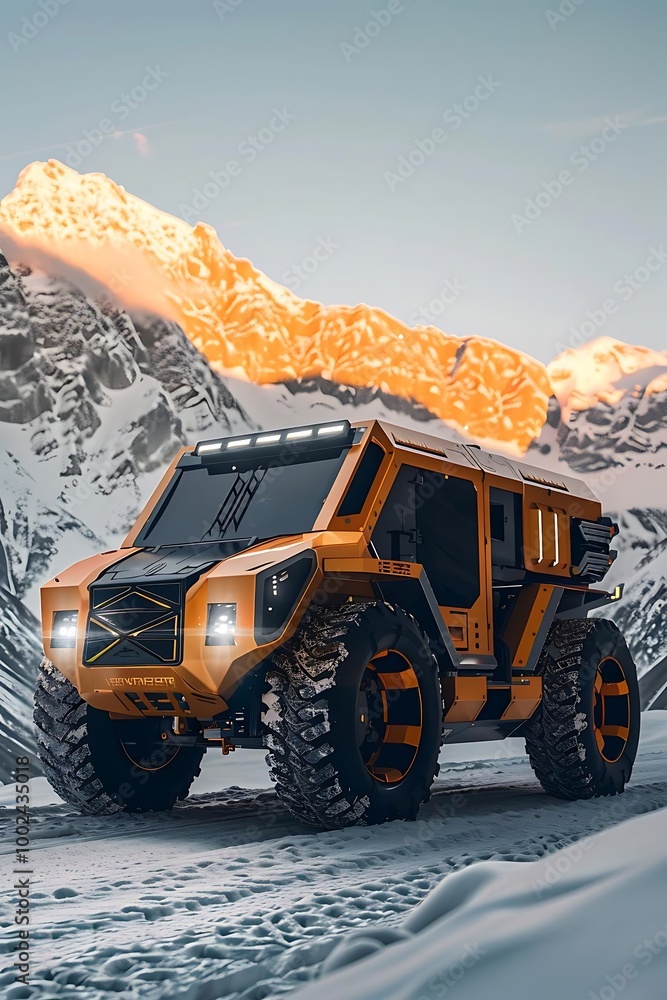 A futuristic orange off-road vehicle traversing a snowy mountainous landscape. A futuristic orange off-road vehicle traversing a snowy mountainous landscape.
