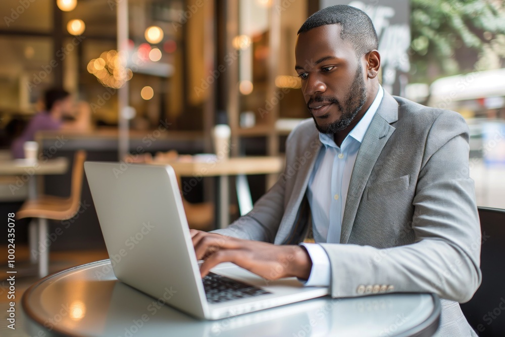 African American businessman uses laptop in a bustling cafe. Handsome executive focuses on work amidst coffee shop activity. Pro occupation involves modern technology, corporate communication. African American businessman uses laptop in a bustling cafe. Handsome executive focuses on work amidst coffee shop activity. Pro occupation involves modern technology, corporate communication.