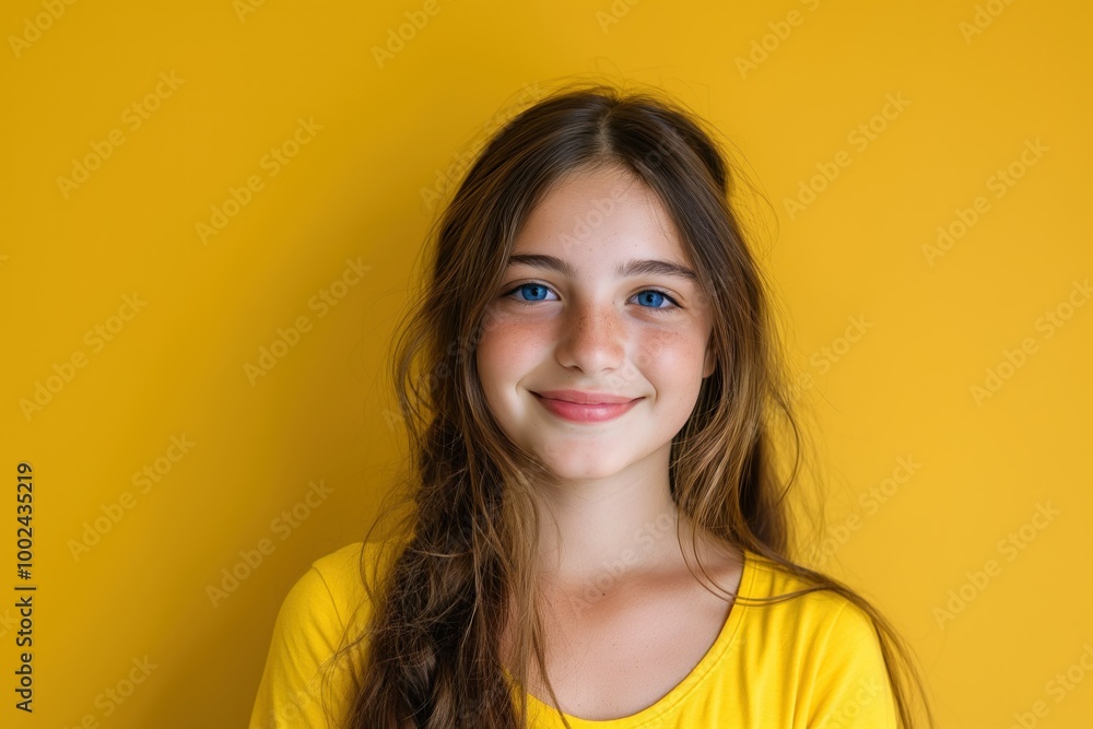 Smiling teenage girl with happy expression on yellow background. Casual, carefree, confident. Beautiful, cheerful, charming young woman with bright smile. Fashionable, stylish, trendy outfit for Smiling teenage girl with happy expression on yellow background. Casual, carefree, confident. Beautiful, cheerful, charming young woman with bright smile. Fashionable, stylish, trendy outfit for