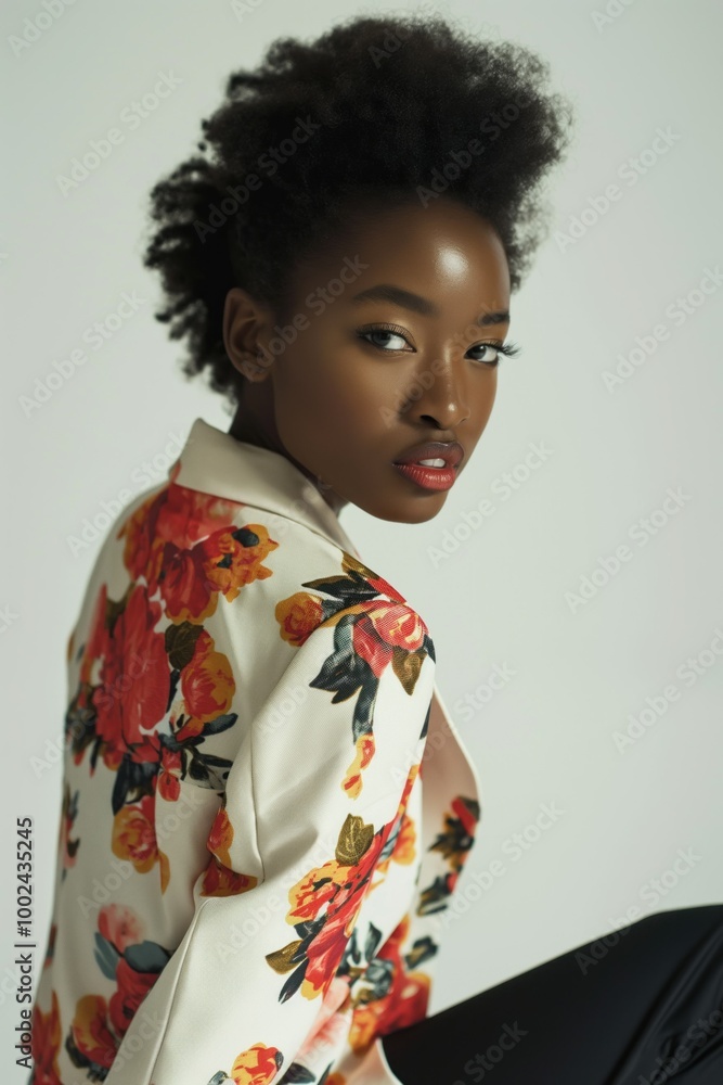 African American woman sits on gray couch with thoughtful expression. White floral blouse contrasts with gray background. Simple and elegant outfit, quiet moment of contemplation. African American woman sits on gray couch with thoughtful expression. White floral blouse contrasts with gray background. Simple and elegant outfit, quiet moment of contemplation.
