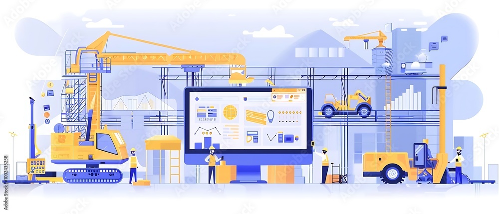 A digital construction site illustration with machinery and workers. A digital construction site illustration with machinery and workers.