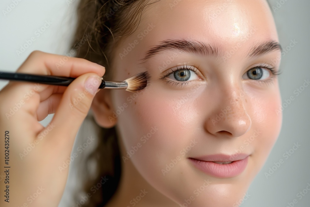 Young caucasian woman with spoolie brush on light background, close-up. Facial beauty expert gently shaping eyebrows with precision tool. Eyebrow correction and care for beautiful face and skin. Young caucasian woman with spoolie brush on light background, close-up. Facial beauty expert gently shaping eyebrows with precision tool. Eyebrow correction and care for beautiful face and skin.