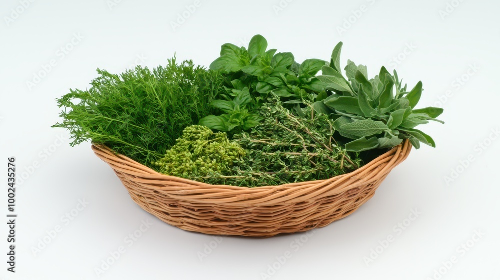 A woven basket filled with fresh, green herbs, showcasing a variety of textures and shades, perfect for cooking or garnishing dishes. A woven basket filled with fresh, green herbs, showcasing a variety of textures and shades, perfect for cooking or garnishing dishes.