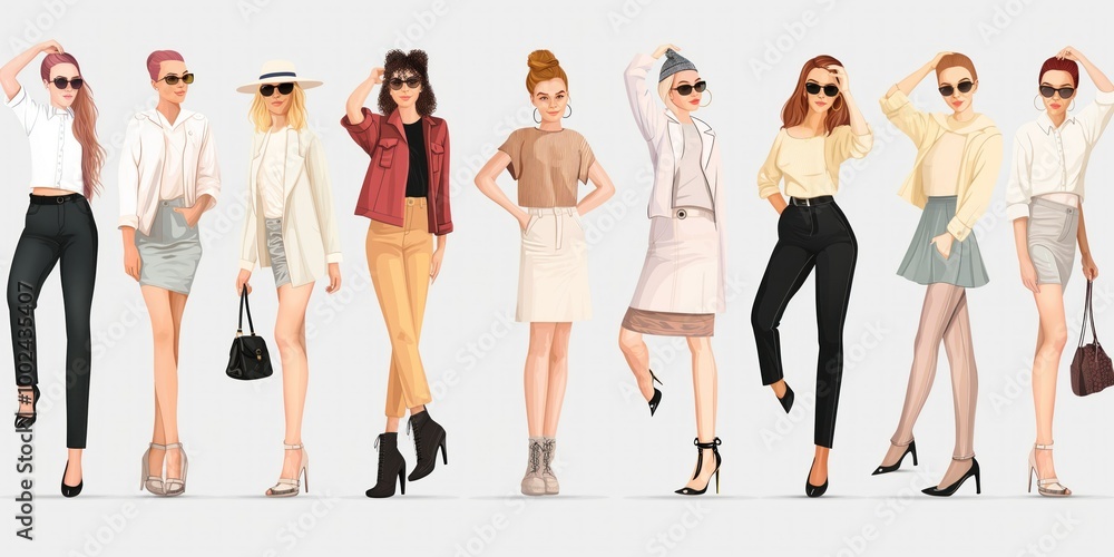 Fototapeta premium Young woman in casual attire with light background. Fashionable caucasian girl wears jacket and sunglasses. Autumn colors on clothing and hair. Beautiful model poses outdoors in city street.