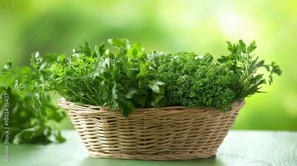 A fresh basket of vibrant green herbs, showcasing a variety of parsley, on a softly blurred background. A fresh basket of vibrant green herbs, showcasing a variety of parsley, on a softly blurred background.